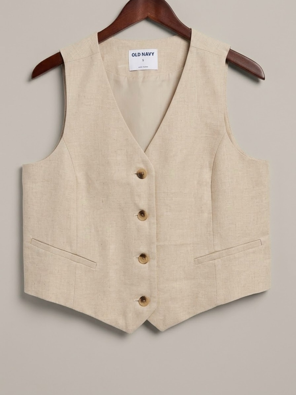 NWT Old Navy Linen Blend Tailored V-Neck Vest Medium Oatmeal Tan Office Tailored